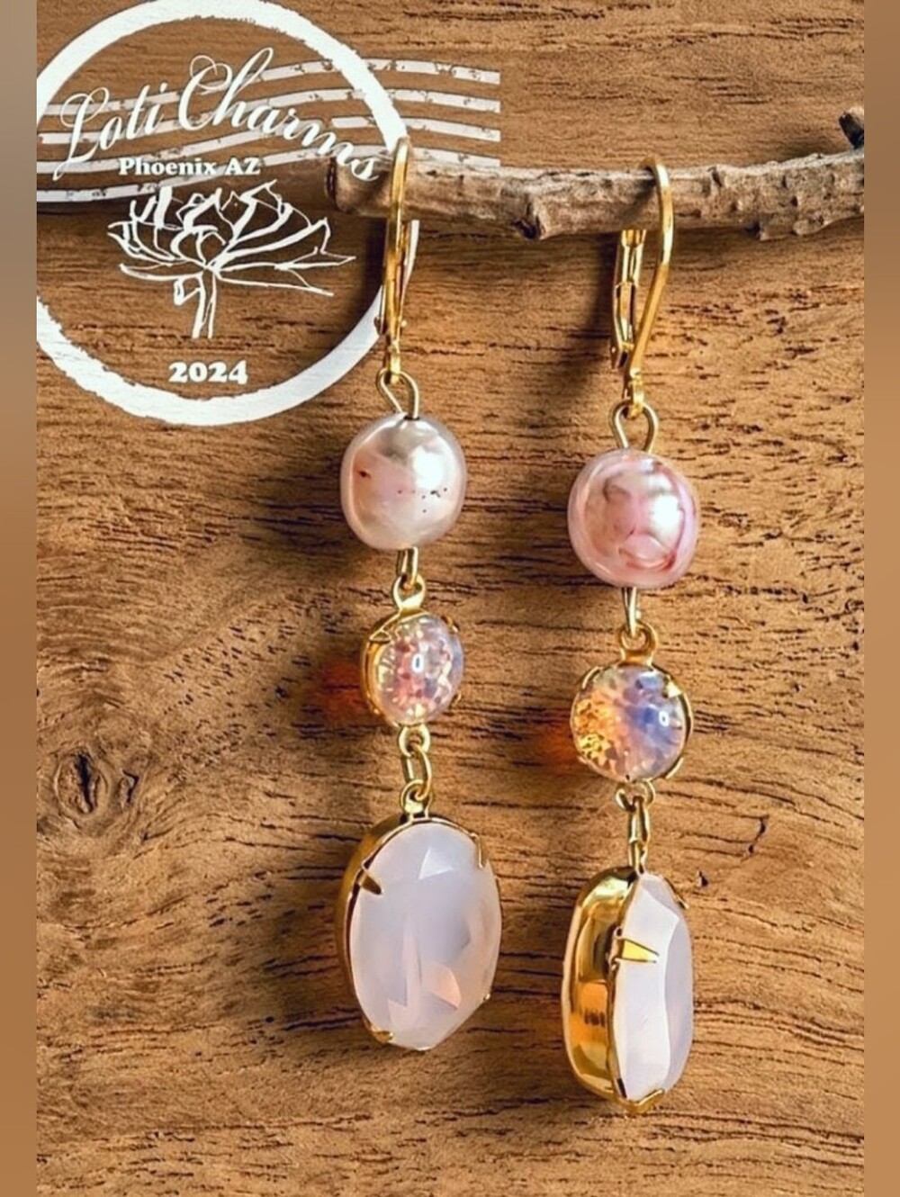 Pink Opal & Pink Fire Opal with Baroque Pearl in Yellow Gold Dangle Earrings